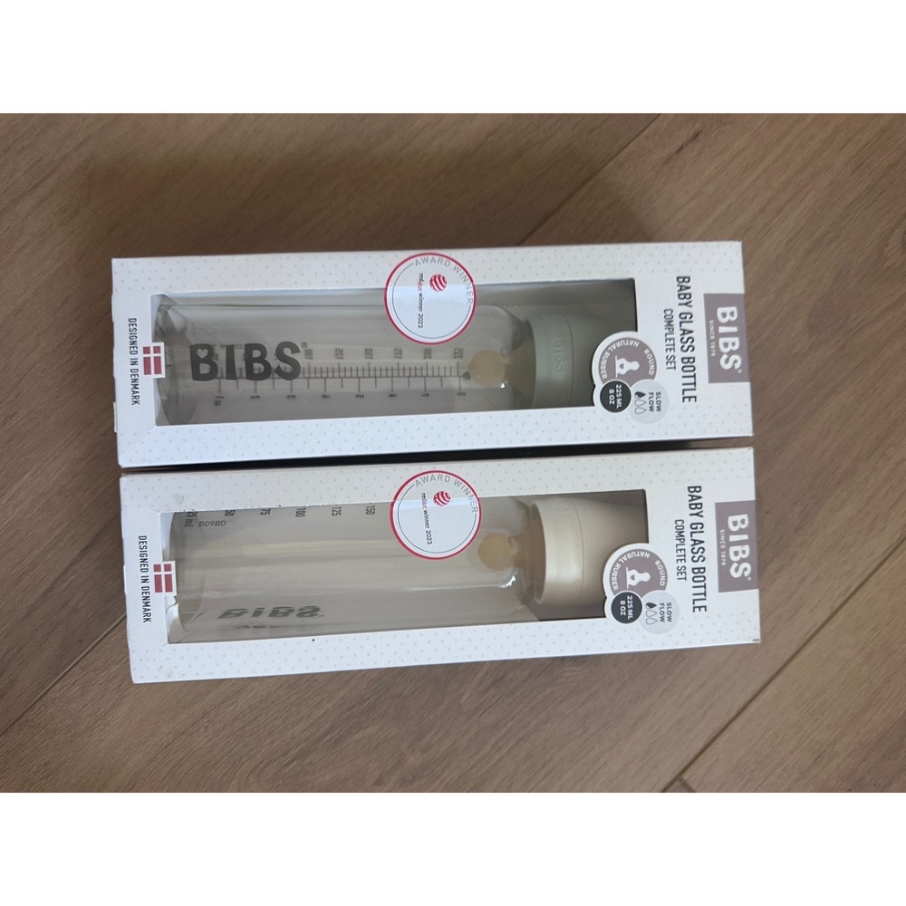 BIBS Baby Glass Bottle Complete Set 8oz 225ml Ivory Slow Flow 2 Pack New